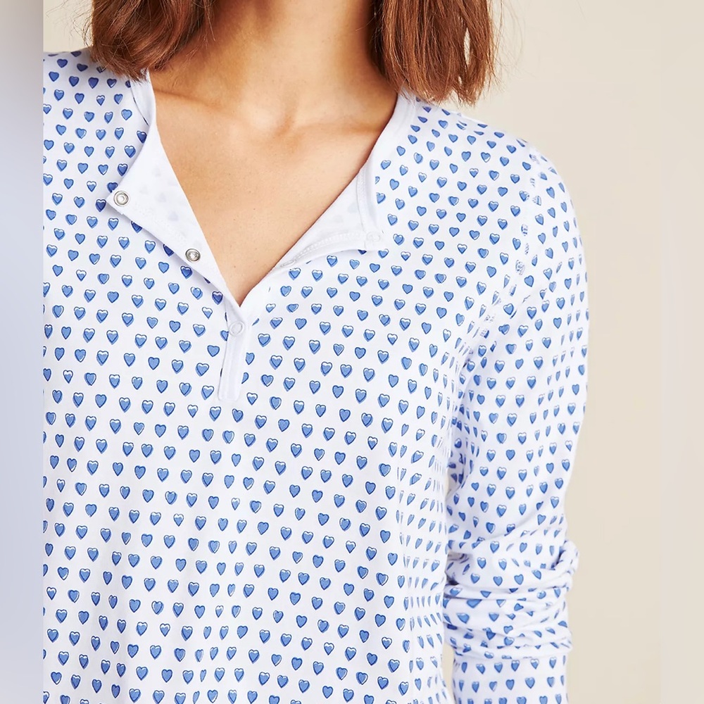 Roller Rabbit White Long-Sleeve Henley Pajama Top with Blue Heart Print